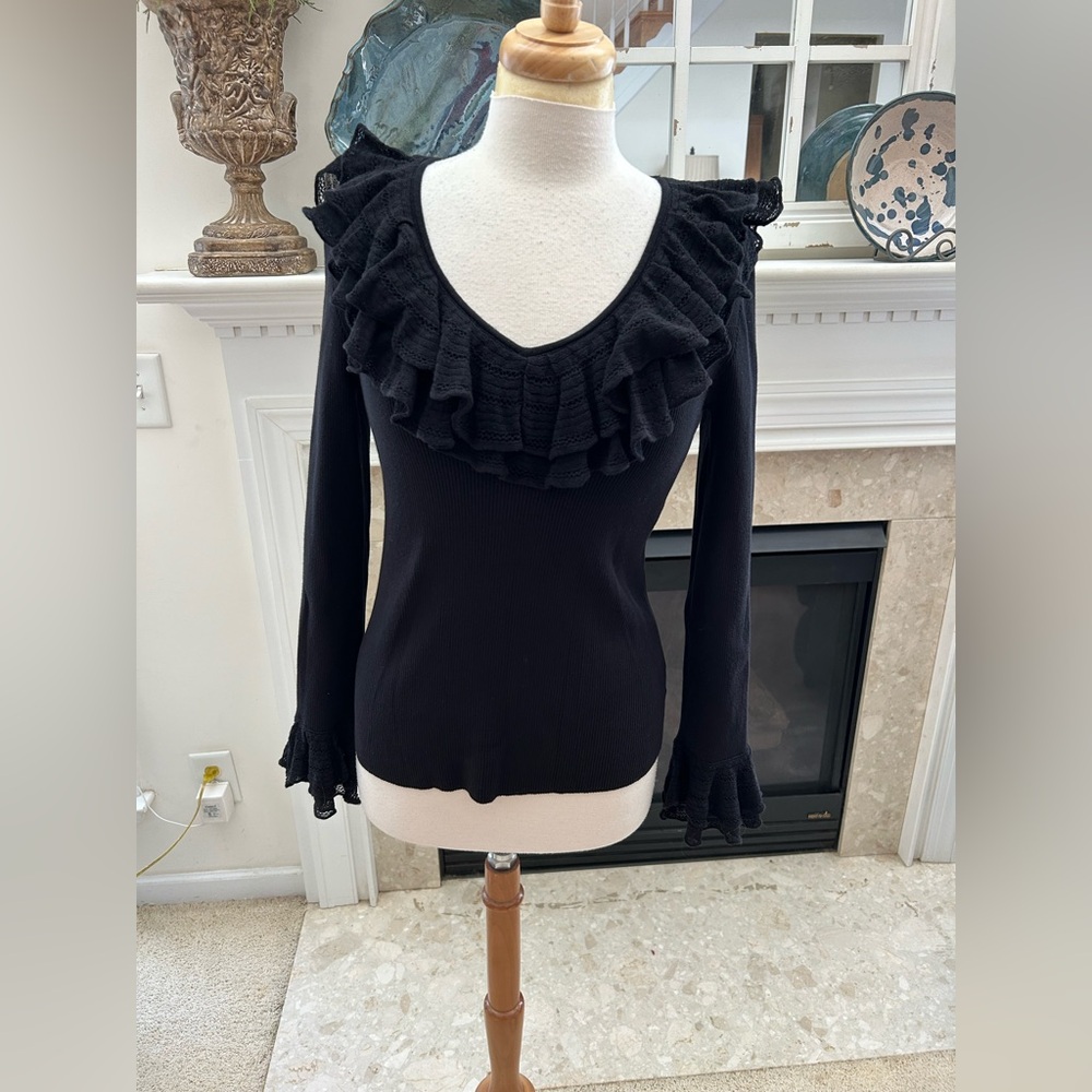 Ralph Lauren Black Ruffled Ribbed Knit Top